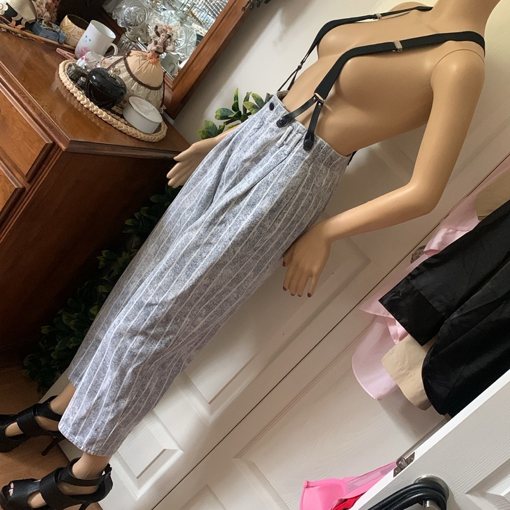 Vtg 80s striped denim pleated front suspender jeans 26 waist